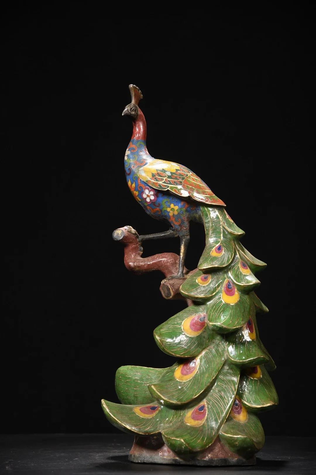 

20"Tibetan Temple Collection Old Bronze Cloisonne Enamel Flower Peacock Statue Standing Tree Stump Amass wealth Ornaments
