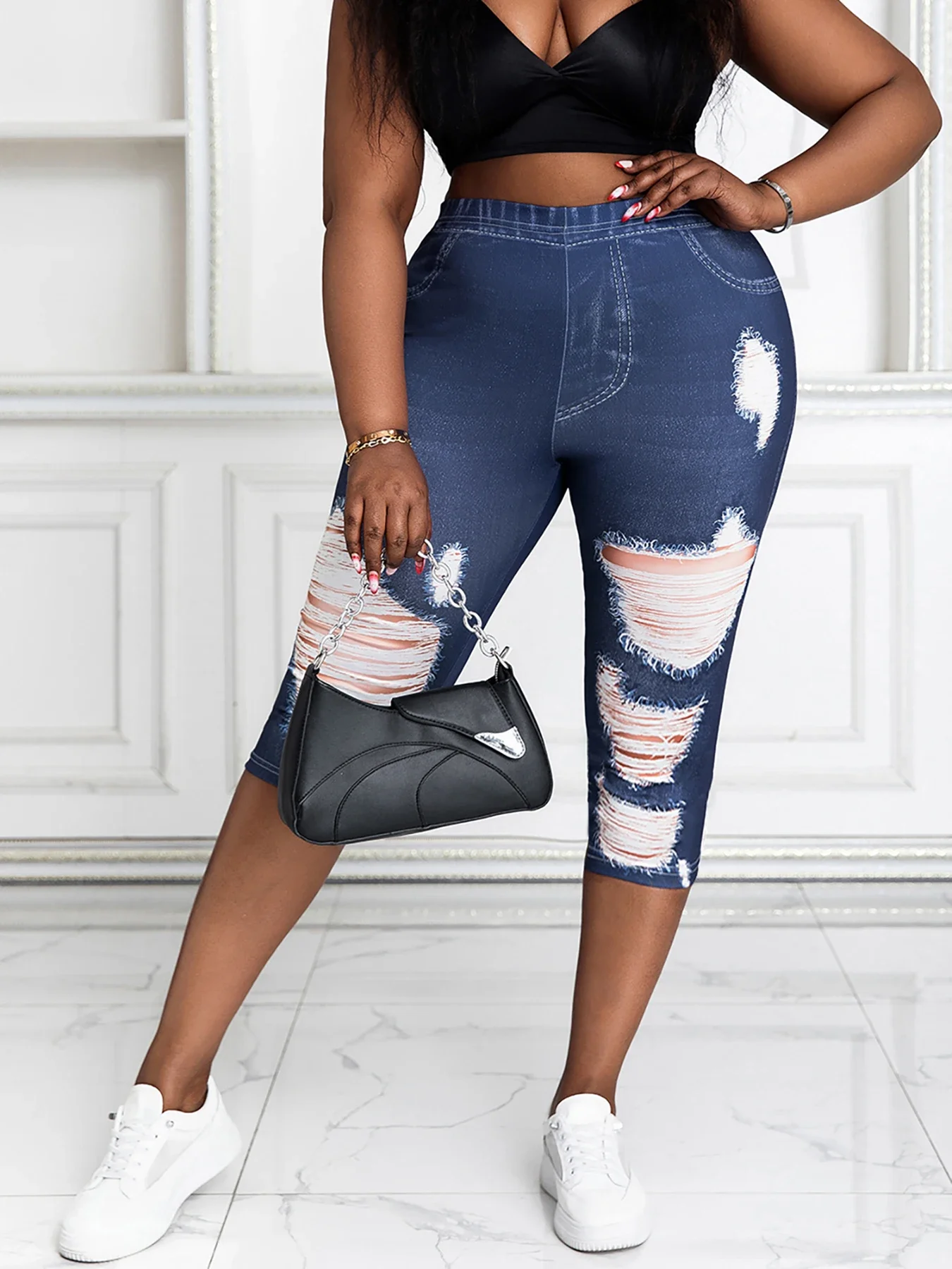 Damskie spodnie capri Plus Size Faux Denim Print z w trudnej sytuacji, wysoka elastyczność, wygodne, dzianinowe spodnie do połowy łydki