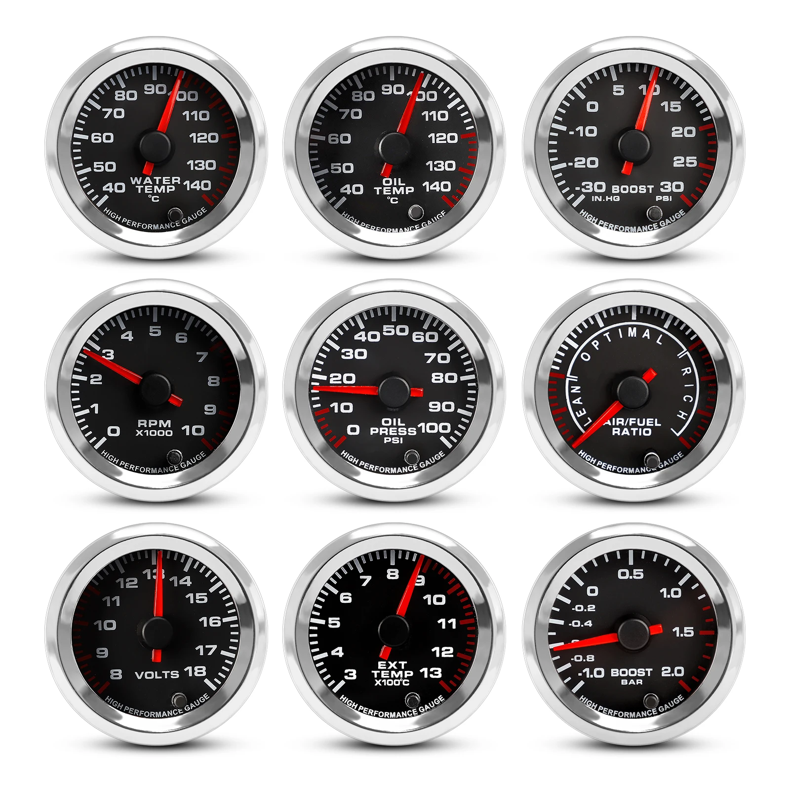 2'' 52mm 12V 7 Colors Car Boost Water Temperature Oil Temperature Oil Press Air fuel ratio Voltmeter EGT Tachometer RPM Gauge