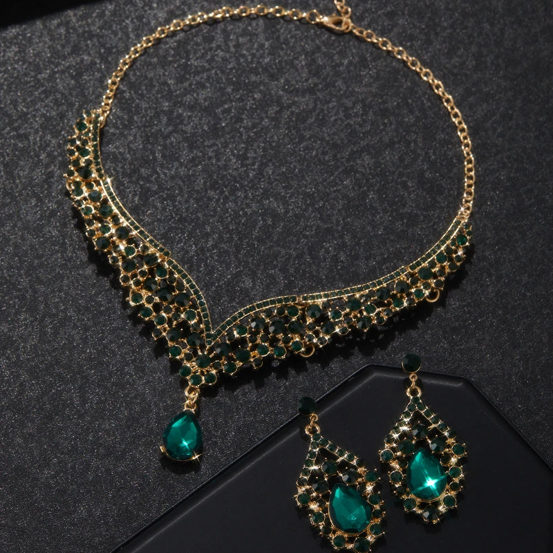 Sparkling Luxurious Women Earrings Necklace Set Water Drop Rhinestones Crystal Adjustable Jewelry Set for Wedding Bride