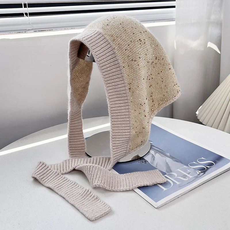 Koreanische Mode: Pailletten-Dreieckstuch aus Kaninchenhaar-Mischgewebe für Herbst und Winter, vielseitiges gestricktes Stirnband mit Schnürung für Damen – Detail 8