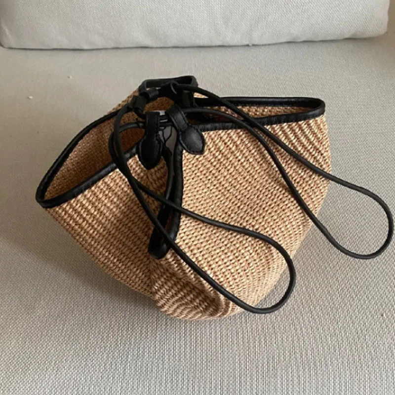 Bolsas de ombro de palha para mulheres, bolsa de balde tecida Raffia, bolsa casual, bolsa crossbody praia, cordão, bolsa verão