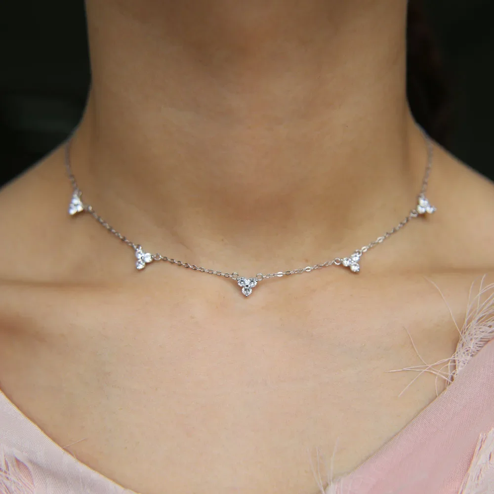 charm choker 925 sterling silver fine jewelry triangle CZ charm link chain wedding bridal  gift bling stunning necklace