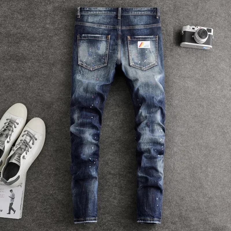 Men's Retro High Street Fashion Stretch Jeans Blue Spray Paint Piercing Patch Designer Brand Tights Hombre