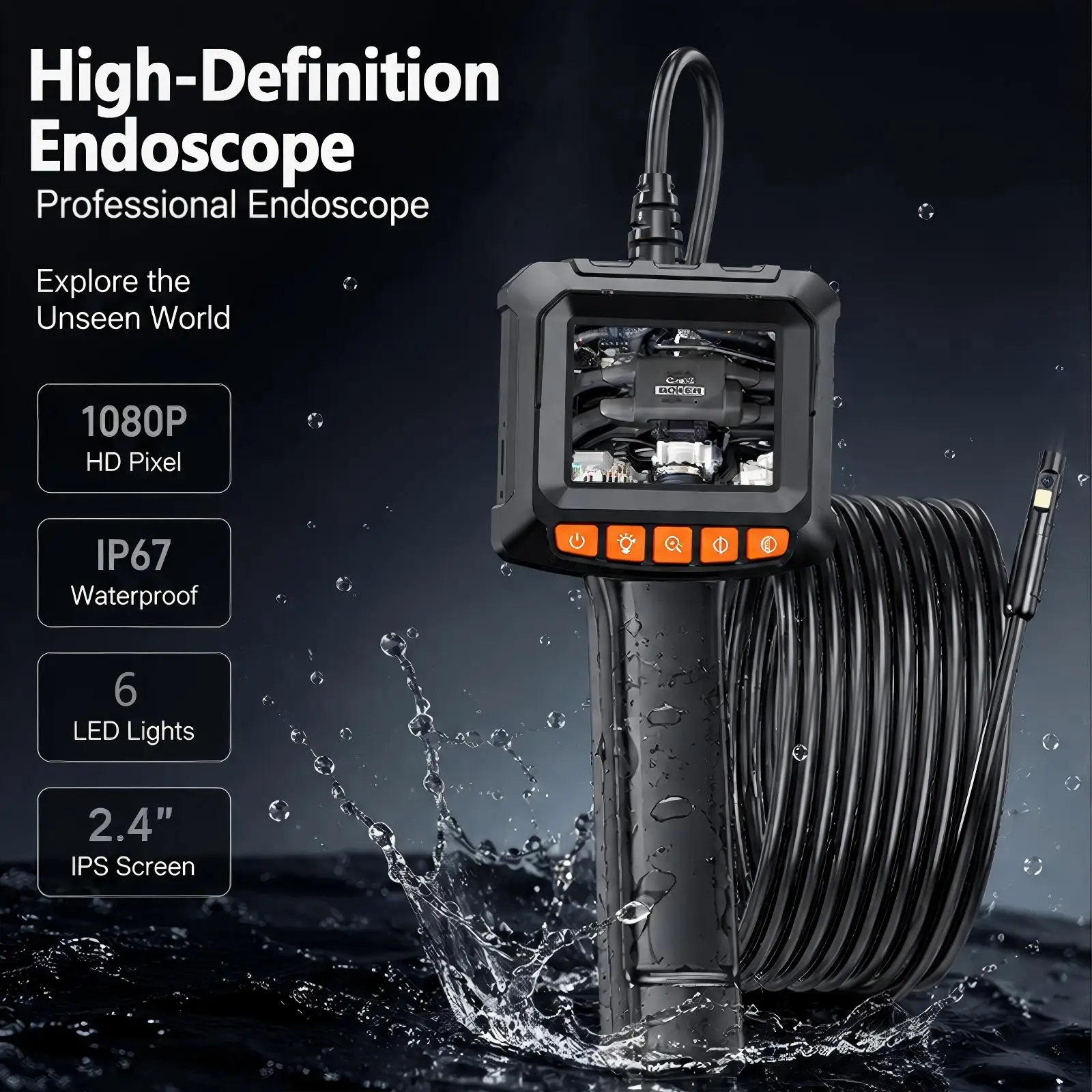 Dual Lens Endoscope Camera with Screen & Light, 1080P Borescope Inspection Camera, IP