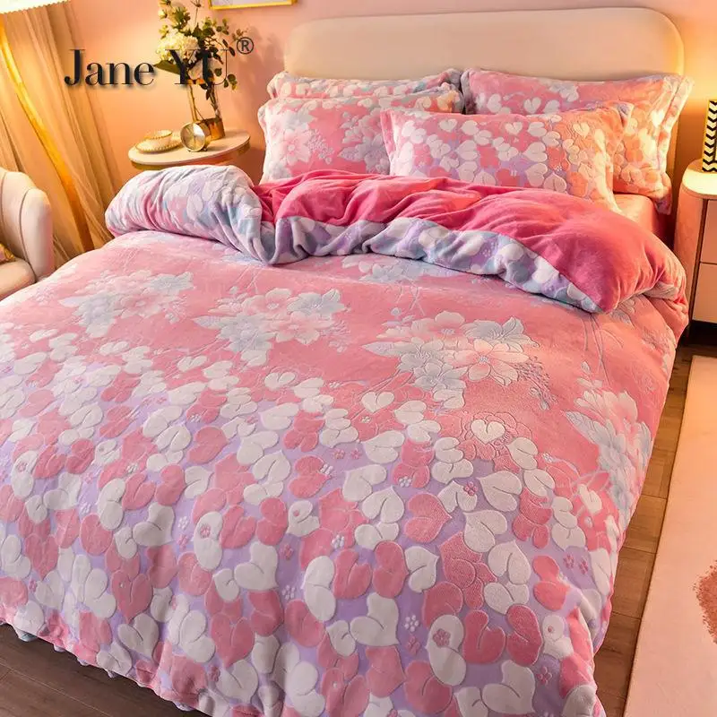 JaneYU Padded Milk Velvet 4pcs Bedding Set Plus Velvet Bed Skirt Double-sided Flannel Quilt Cover Coral Fleece Warm Bedding Sets