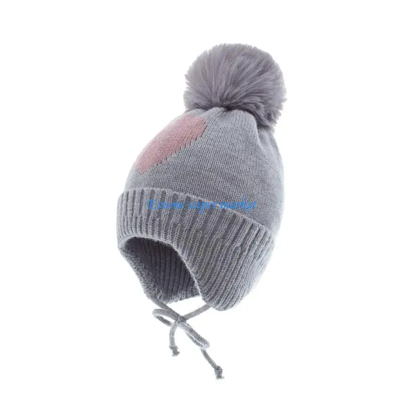 090B Faux Fur Ball Toddler Knit Cap Warm Hat Kids Winter Hats Girls Boys