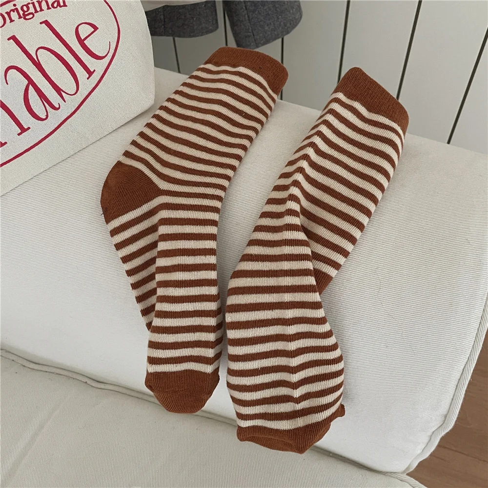 Korean Simple Colored Striped Cotton Socks Women’s Autumn Winter Breathable Middle Tube Socks College Style Trendy Casual Socks