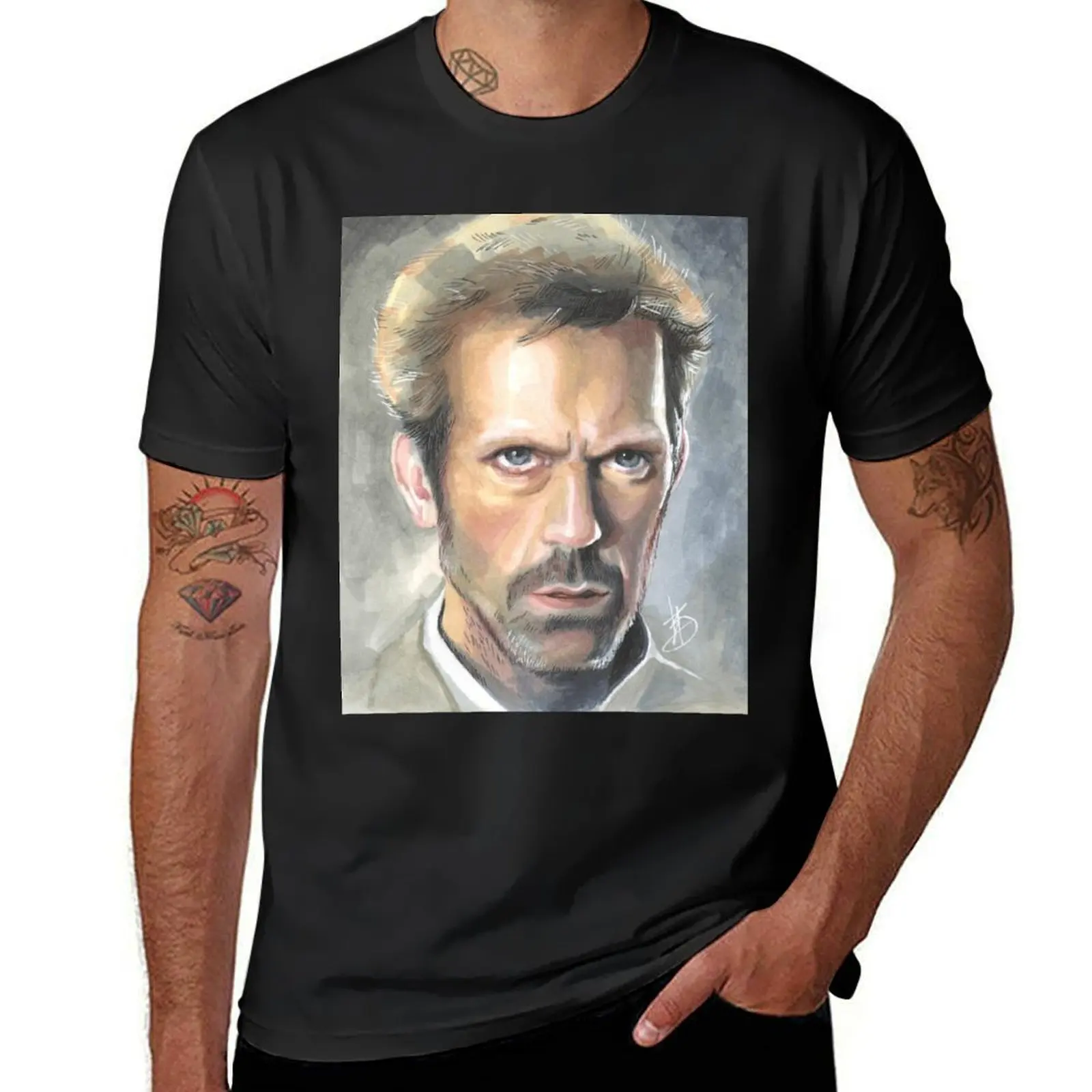 House, M.D. Hugh Laurie color portrait with markers T-Shirt Blouse Short sleeve tee anime for a boy mens clothing