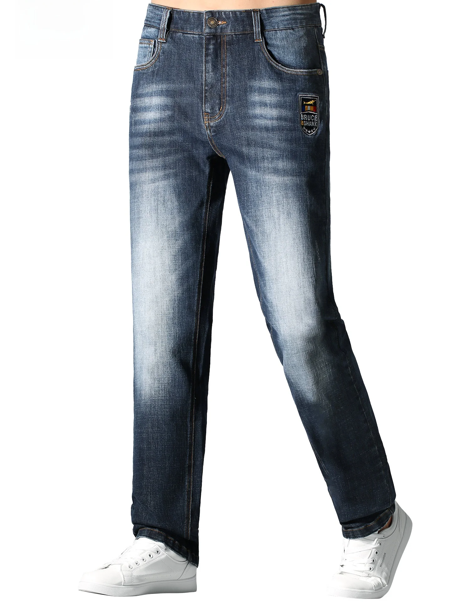 

Men's Thickened Straight Leg Jeans Autumn Winter Bruce Shark Large Size Loose Long Trousers Fashionable Casual Cotton Blend