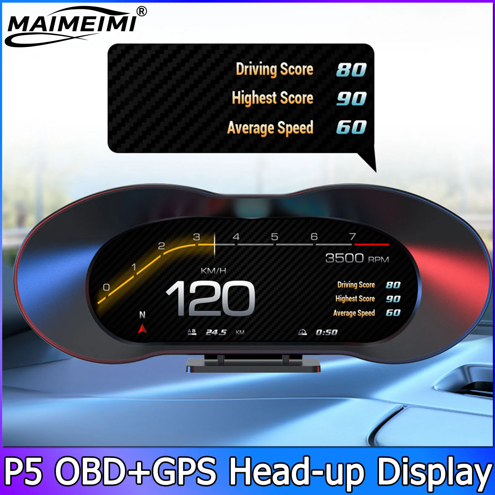 QC HUD LCD Slope Meter P5 Digital Head Up Display OBD GPS on Board Computer Speedometer Navigation Display Alarm Water Oil Temp