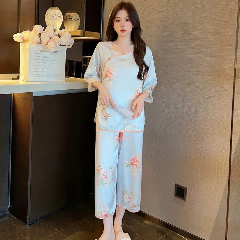 

Ice Silk Sleepwear Women Summer Print Floral Pajamas Sets Vintage Nightwear Spring Autumn Homewear Sets Pijama Mujer Korean