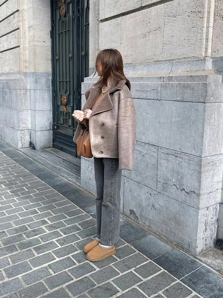 Light Brown Lapel Lamb Woolen Woman Short Coat Fashion Solid Color Single Breasted Full Sleeve Jacket Autumn Commuter Outerwear