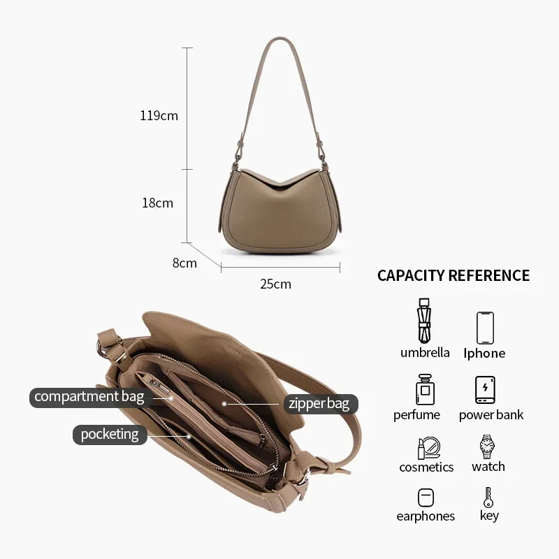 Genuine Cowhide Leather Flap Hobo Shoulder Bag for Women Pebbled Leather Casual Crossbody Bag Luxury Designer Underarm Bags - view 6