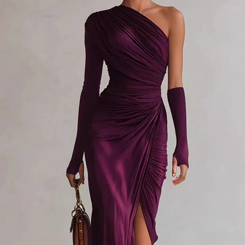 Sexy Slanted Shoulder Long Sleeves Maxi Dress Women Elegant Split Solid Color Party Dress Fashion Hight Waist Slim Long Dresses