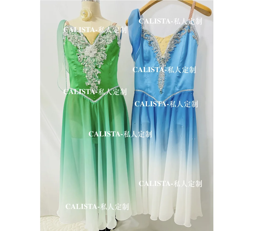 Pirate female variation tutu private custom green blue gradient color silver with diamond flowing long gauze dress