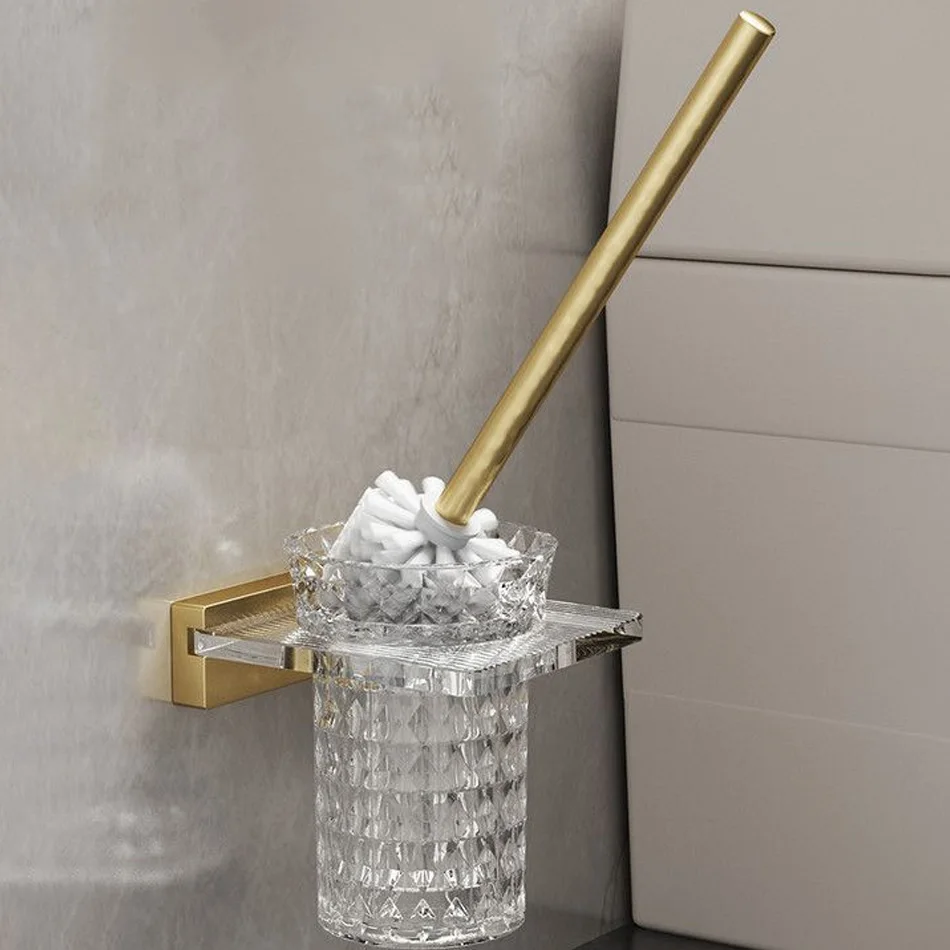 Acrylic Cup Toilet Brush Holder Set Aluminum Wall Mounted Grey Gold Black White WC Brush Rack Shelf Kit for Bathroom Lavatory