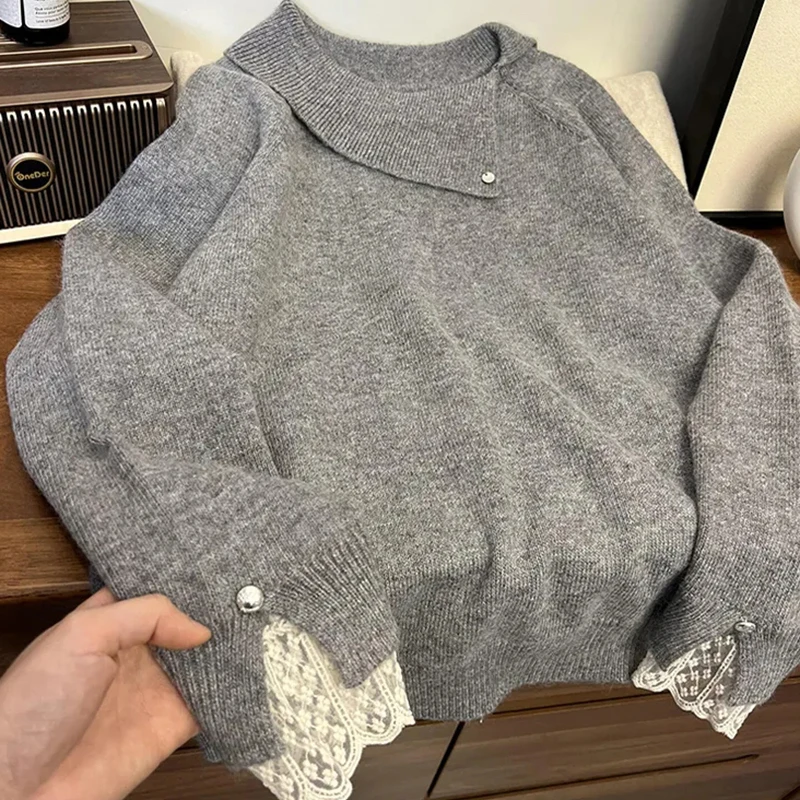

Sweet Lace Patchwork Sweater Women Long Sleeve Irregular Loose Knit Pullover Thick Warm Korean Preppy Style Lazy Jumpers