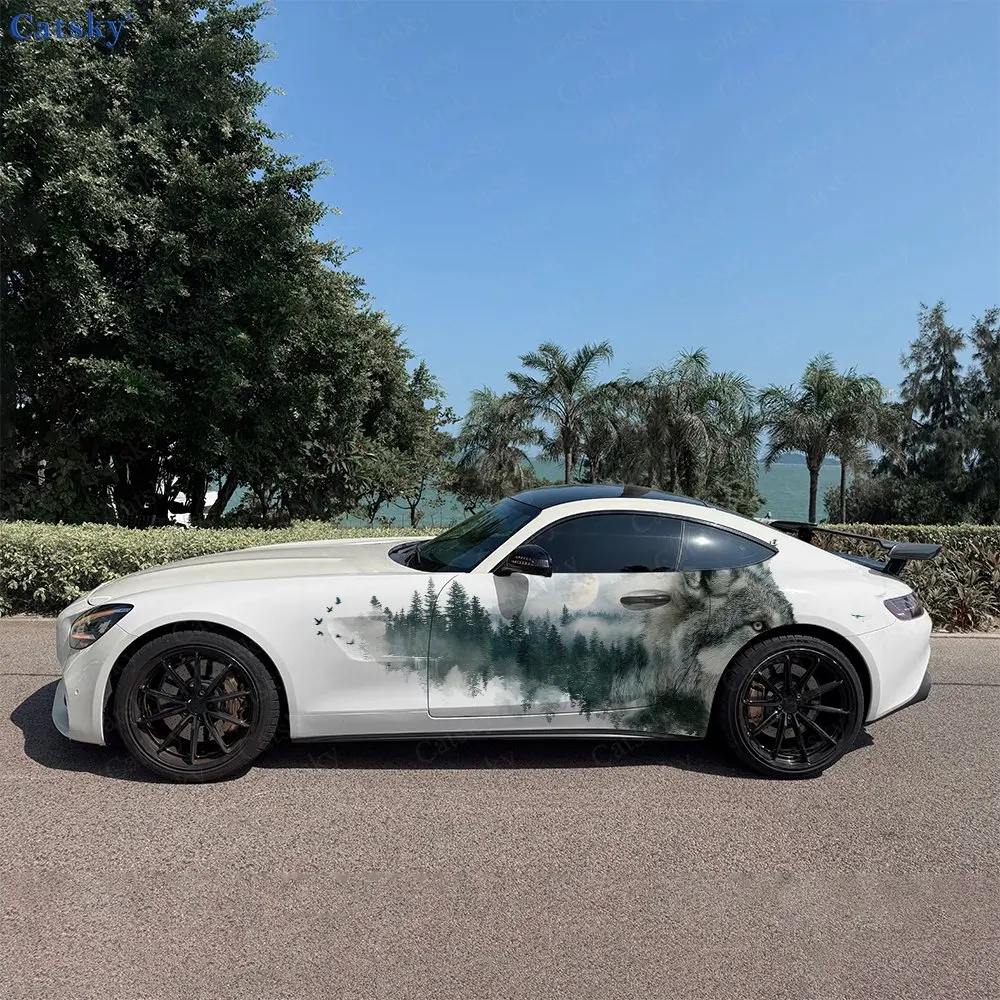 2pcs Forest Grey Wolf Pattern Car Side Wraps, Self-Adhesive PVC Waterproof & Scratch-Resistant Stickers, Car Accessory Gift