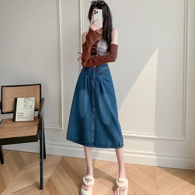

Pop New Arrival High-Waisted Slimming Denim Skirt Long Dress Half Body Size Medium-Length A- Line For Women Spring Autumn