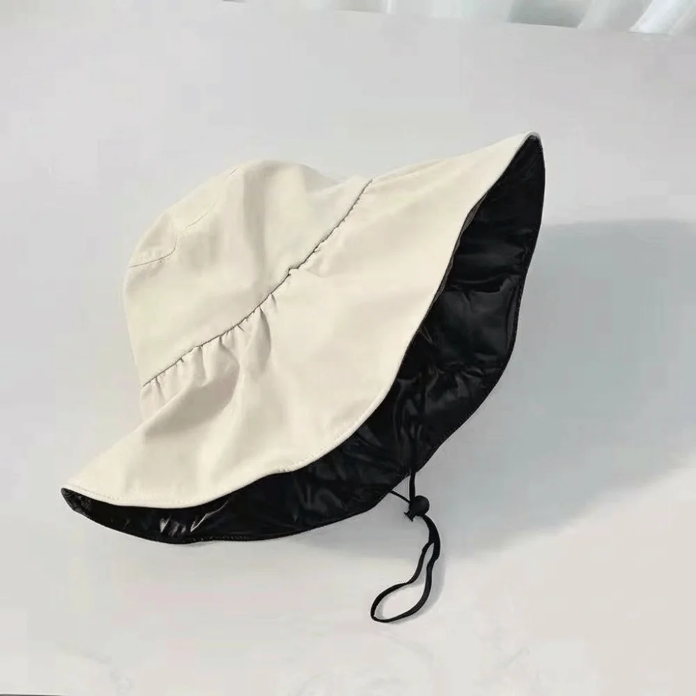 Solid Color Women Fisherman Hat Foldable Adjustable Wide Brim Sun Hat Anti-Ultraviolet with Windproof Rope Sun Protection Hat