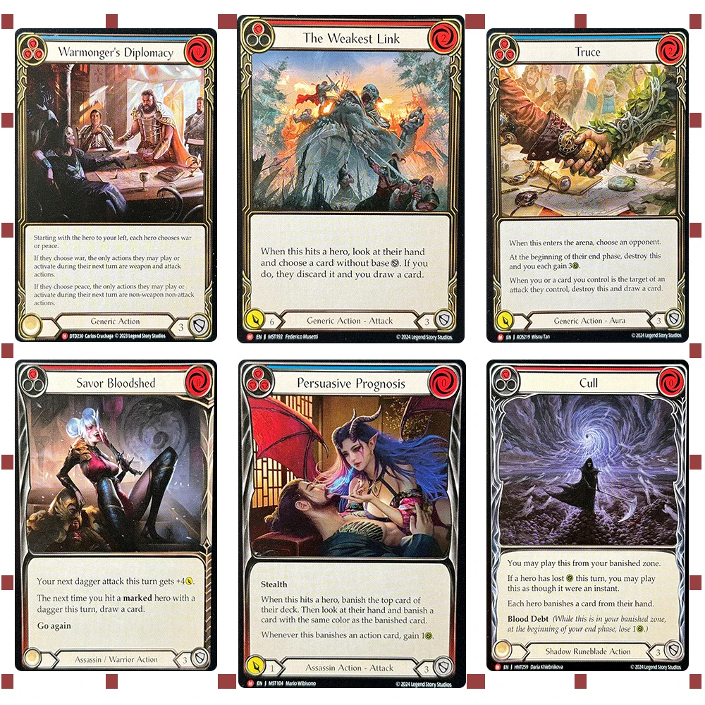 

Flesh and Blood Proxy CardsStorm Savor Bloodshed Tear Bolt Snag Command and Conquer Codex SuccumbtoTemptation TCG Swing Big