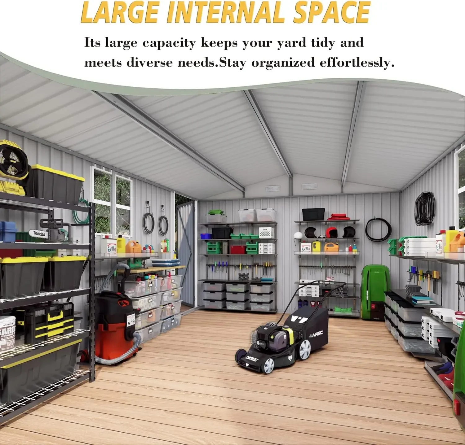 سقيفة تخزين خارجية 10 × 14 × 6.7 قدم، سقيفة حديقة من الفولاذ المجلفن مع باب ونافذة قابلة للقفل، أداة معدنية مقاومة للماء S #3