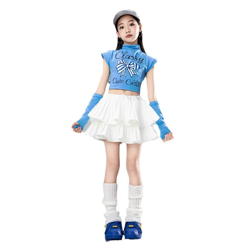 

Одежда в стиле хип-хоп для девочек с принтом бабочки и рукавами, синий топ, белая юбка-тортик для детей, костюм для джазовых танцев, одежда