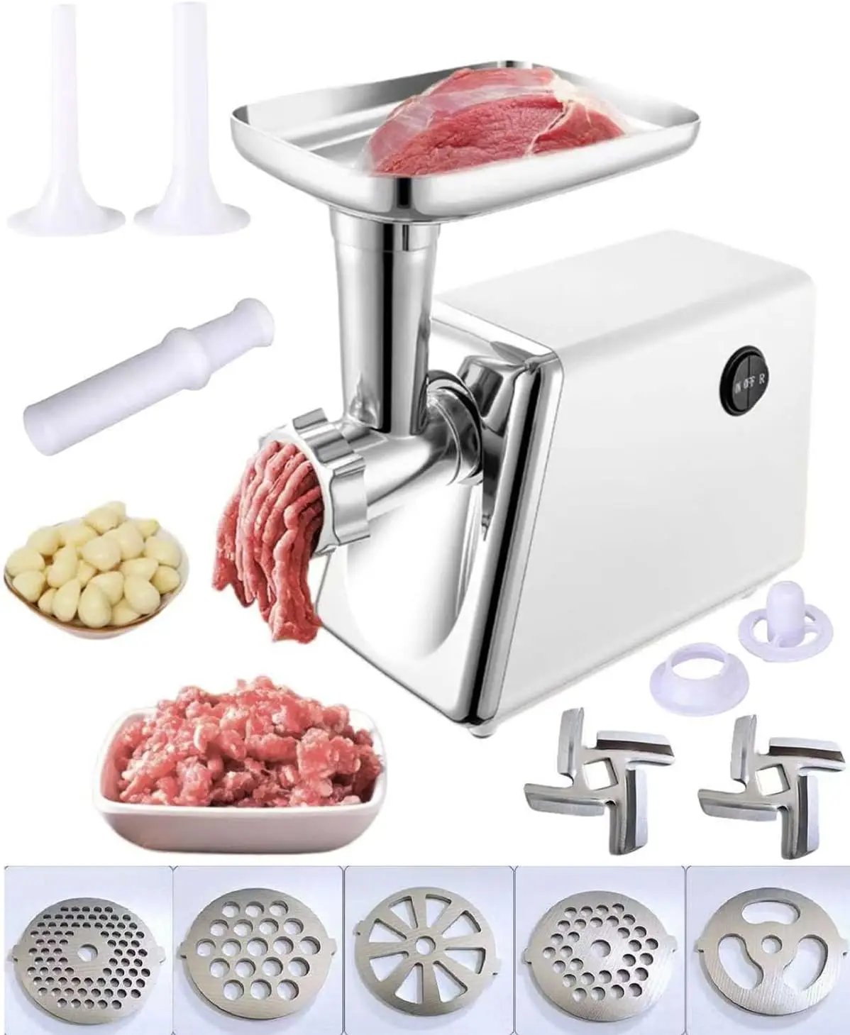 

900W Electric Meat Grinder, 5 Plates & 2 Sausage Tubes, Heavy Duty, Reverse Function, Overload Protection