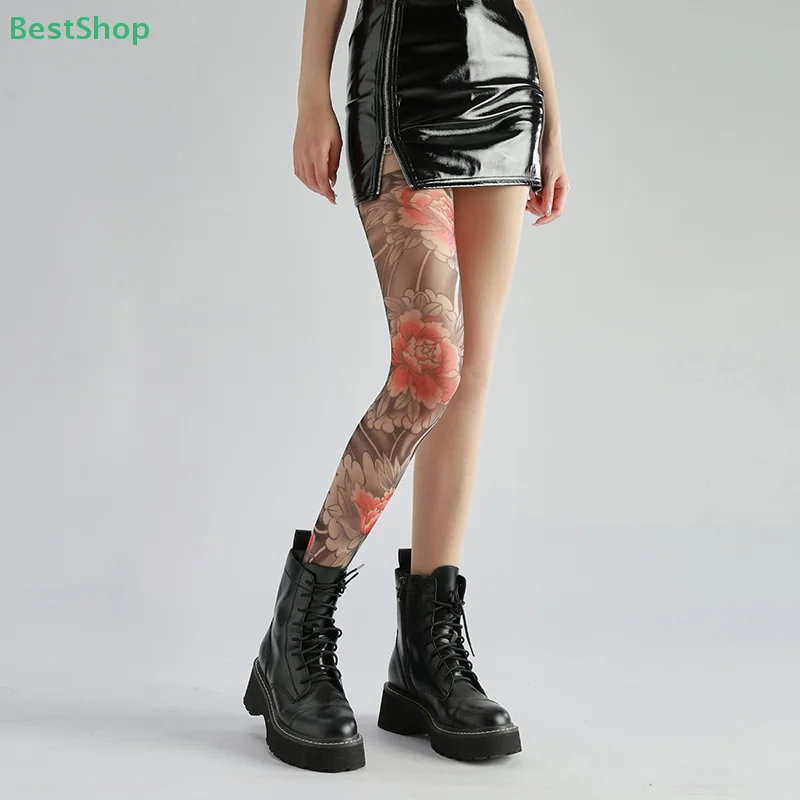 

〔Victoria〕Peony Tattoo Pantyhose Women's Sexy Printed Tights Female Perspective Mesh Leggings Nylon Socks