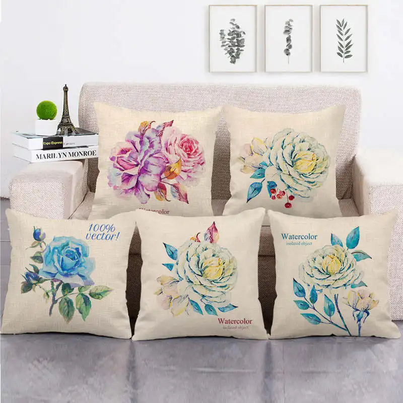 

Watercolor Flower Pillow Case Spring Flower Linen Pillowcase 40x40 Cm Sofa Bed Living Room Pillow Covers Decorative Home Decor