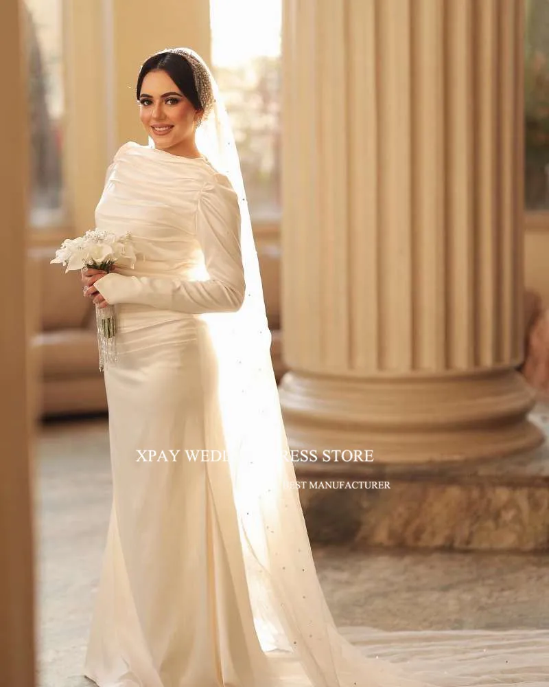 XPAY Modest Mermaid Dubai Arabic Women Wedding Dresses Long Sleeves O-Neck Pleats Sweep Train Bridal Gowns With Long Veil