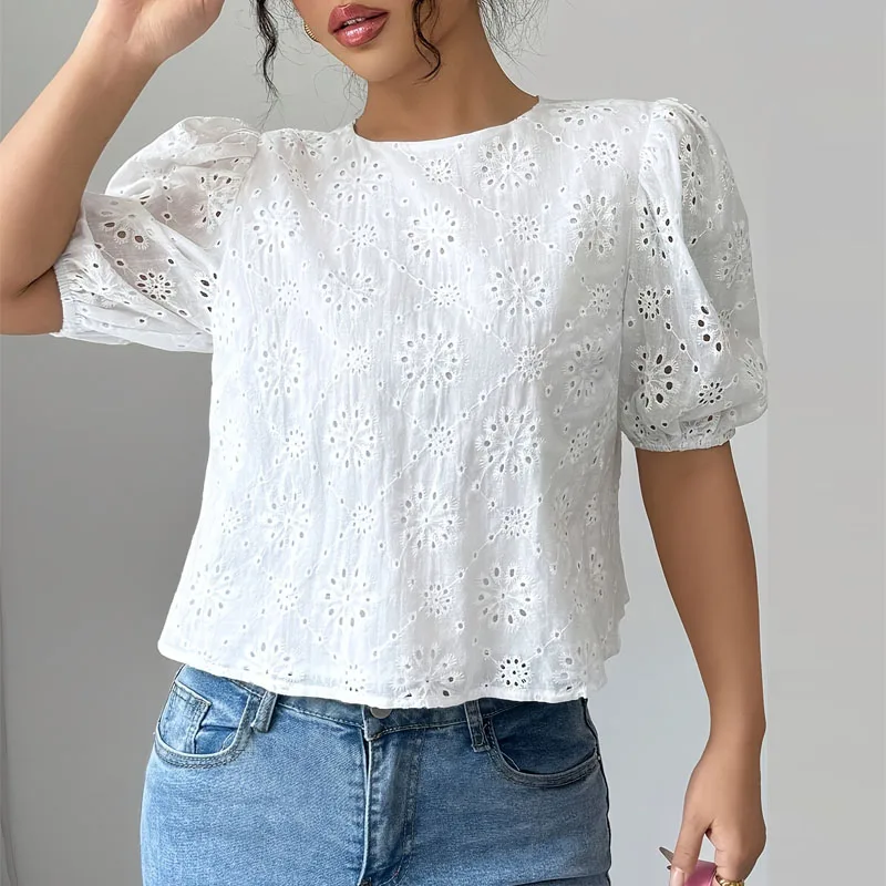 

Новая летняя женская блузка с круглым вырезом, короткий рукав, белая, на шнуровке, с вырезами, топы, блузки, рубашки Q3682