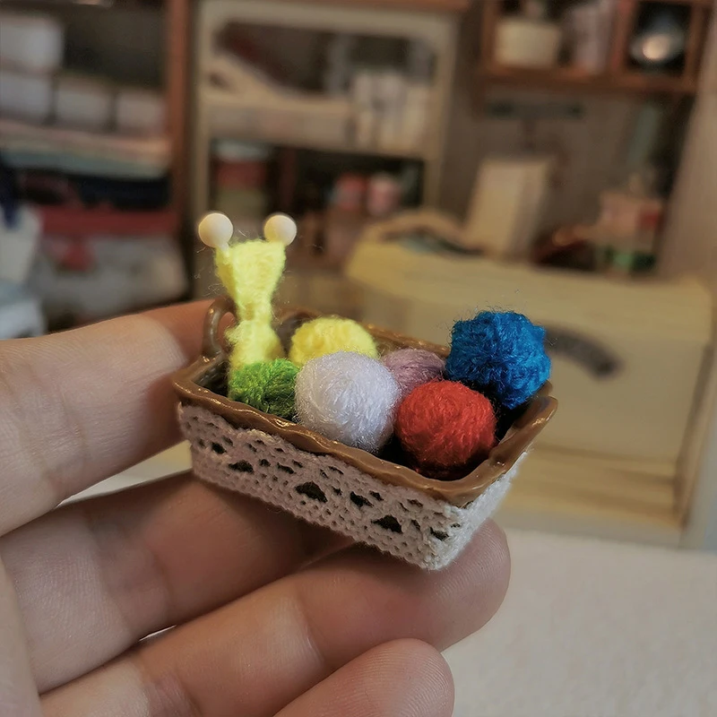 Dollhouse Miniature Wool Yarn Ball Needle Balls Wool Knitting Tool Basket Woolstring Ball Set Scene Set Dollhouse Home Decor