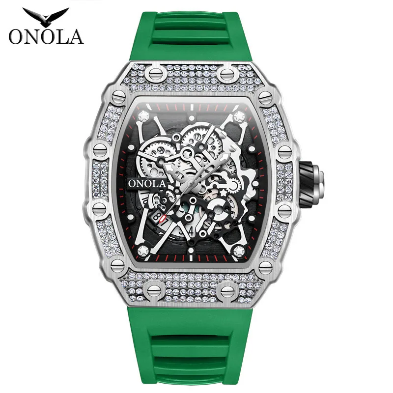 Fashion Sports Watches Men ONOLA Brand Casual Silicone Strap Green Quartz Wristwatch Luxury Iced Diamonds Tonneau Watch For Man