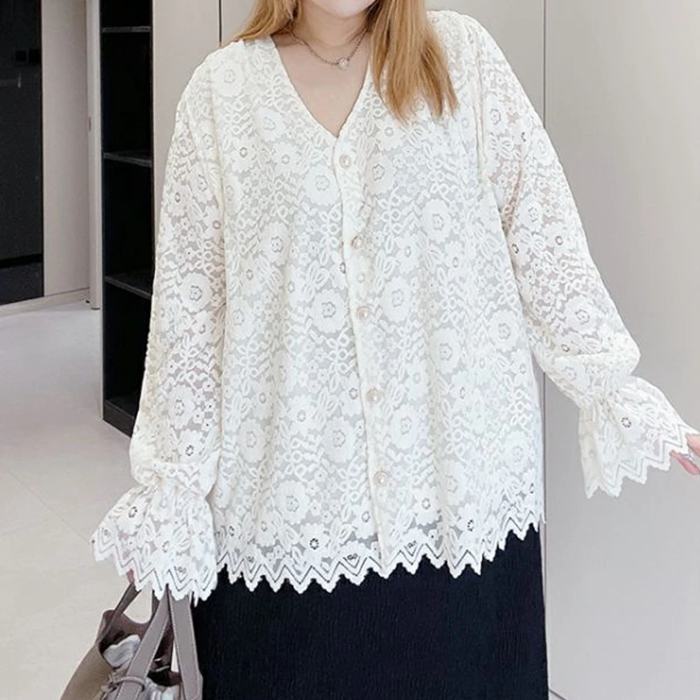 เสื้อลูกไม้ทรงหลวมไซส์ใหญ่พิเศษ 5XL สำหรับผู้หญิง น้ำหนัก 120 กก. คอวี ผ้าสีพื้น เสื้อผู้หญิงทรงโอเวอร์ไซส์