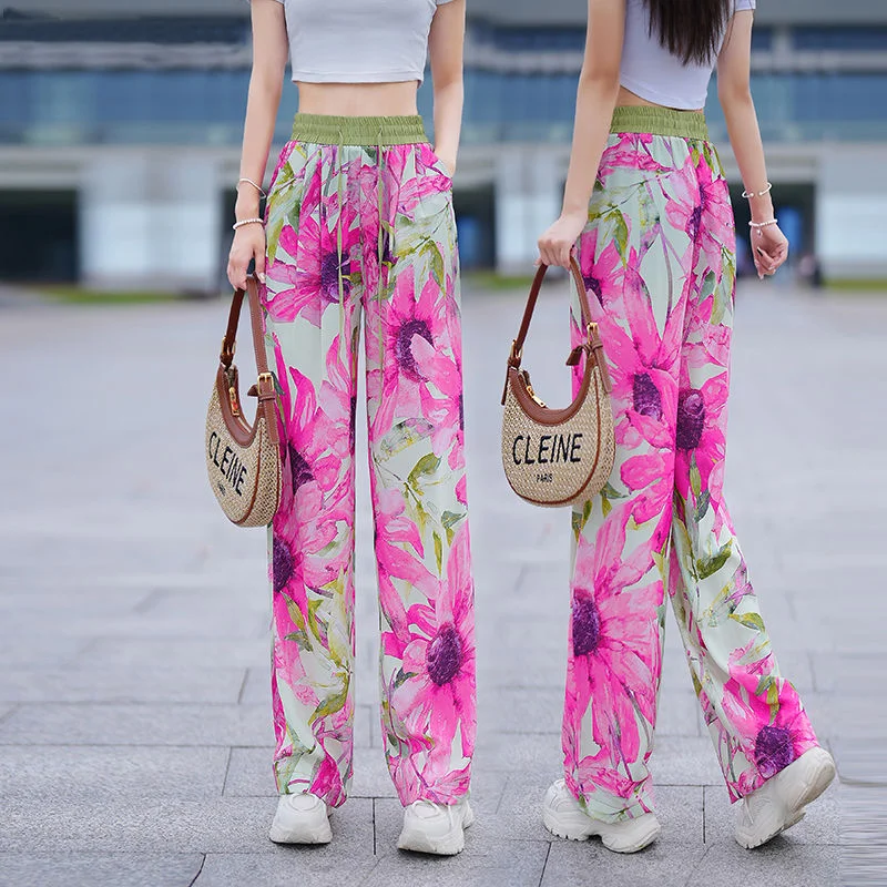 

Female Summer Ice Silk Narrow Version Section High Waist Look Thin Joggers Women Streetwear Y2k Pants Wild Loose Printing