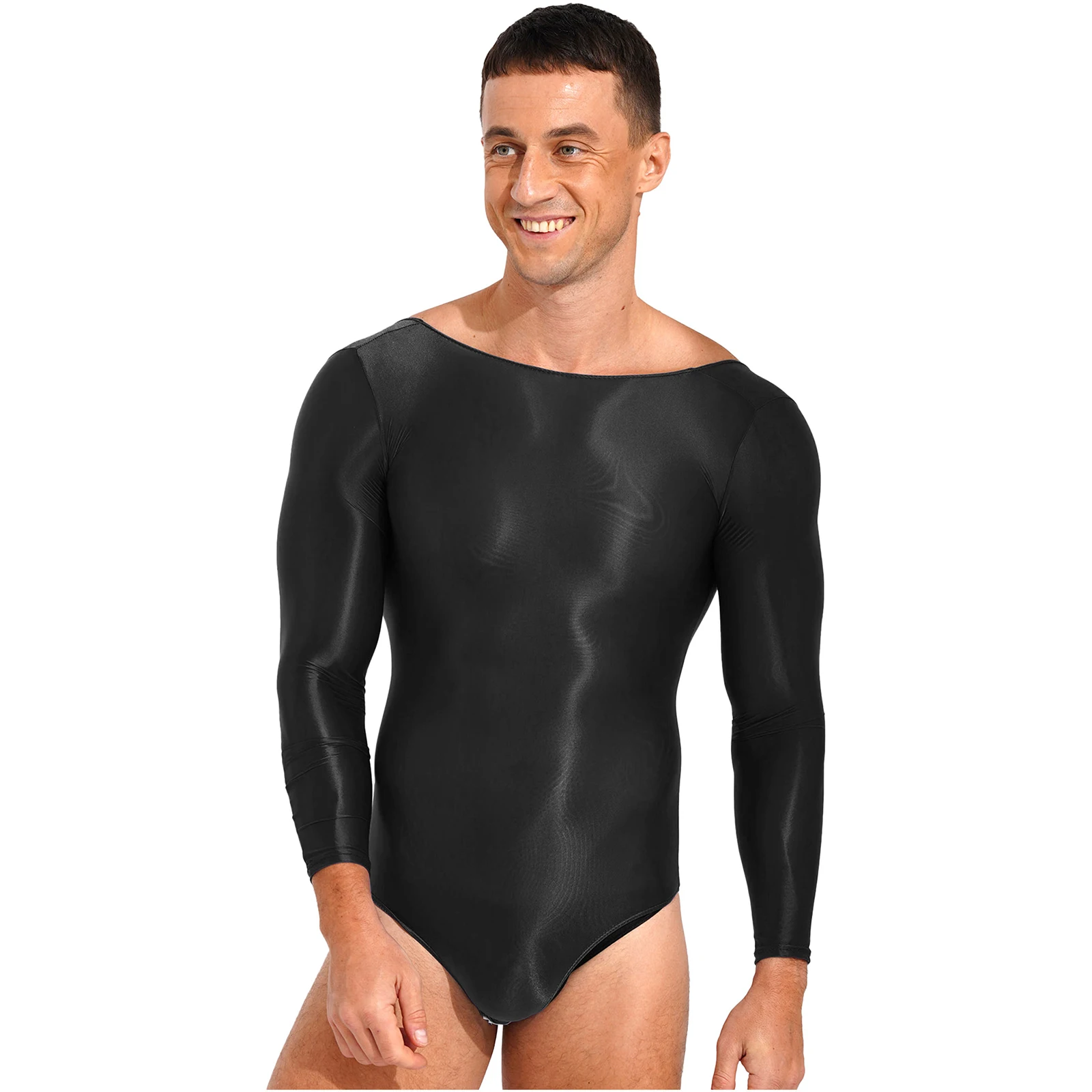 

Mens Lingerie See Through Long Sleeve U Neck Backless Bodycon Bodysuit Underwear Leotard Jumpsuit Glossy Smooth Erotic Costumes