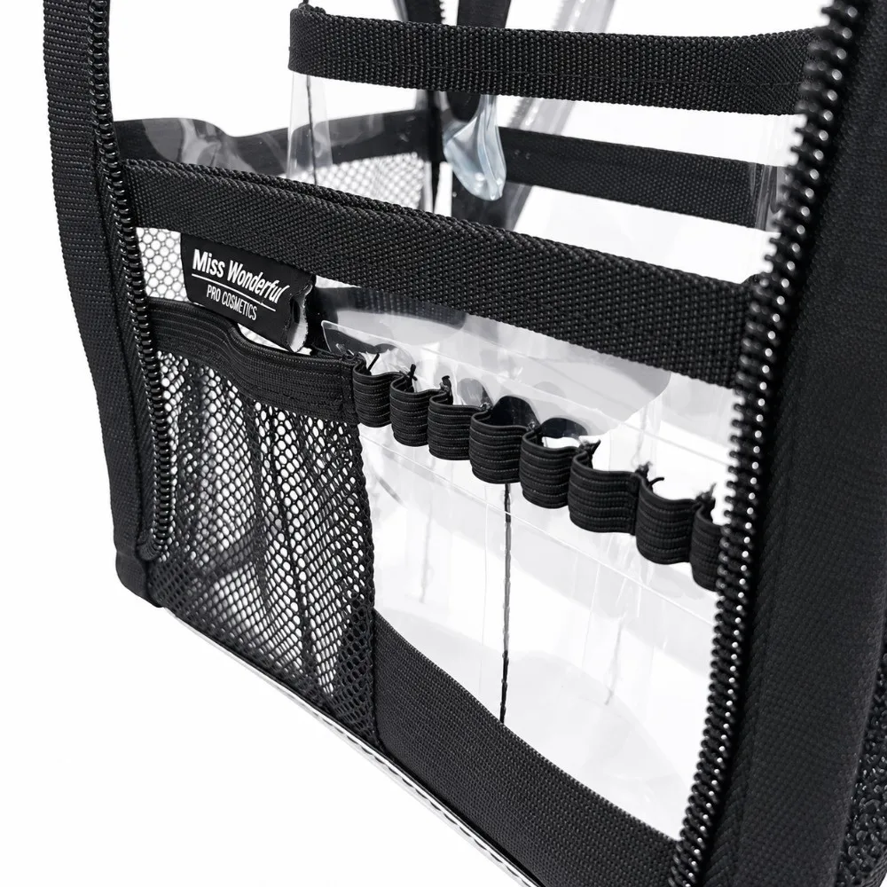 Waterproof Makeup Organizer Bag PVC Elastic Brush Loop Makeup Artist Bag Mesh Pocket Lip Product Organizer