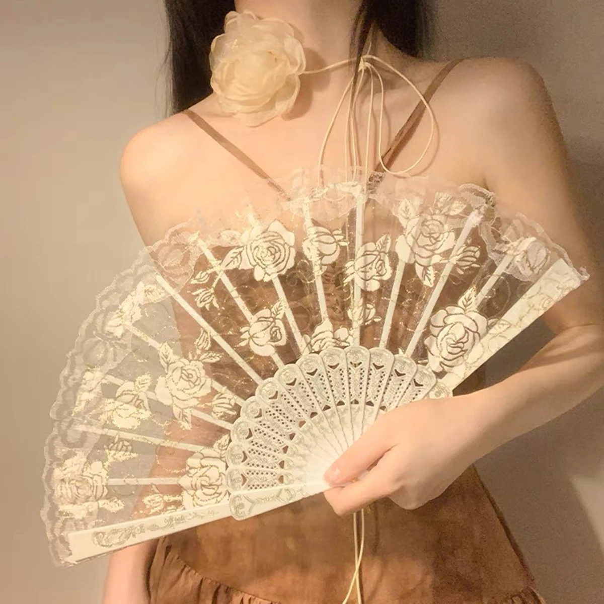 1PC Fashion Simple Ladies Personalized Lace Rose Lace Folding Fan Dance Shooting Props Compact and portable, ideal for gift-givi