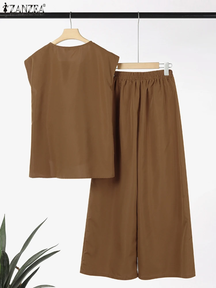 2025 ZANZEA 여름 바지 세트 2PCS Office 여성 의상 솔리드 워크 OL Tracksuits 우아한 민소매 블라우스 슈트 매칭 세트