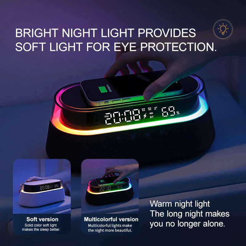 S39 Bluetooth Speaker Stereo 1800mAh Battery Supports 15W Wireless Charging Digital Clock Display Night Light Music Desk Lamp