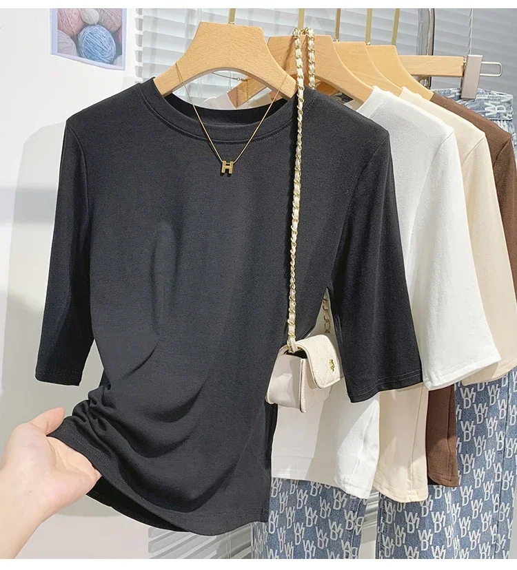 zjaiss 2026 Frühling Herbst Baumwolle Damen T-Shirt Modisches Basic Rundhals-Shirt Einfarbiges Damen Kurzarm-Oberteil – Detail 11