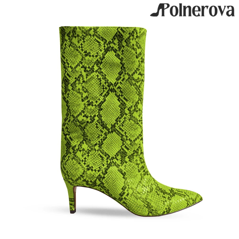 

Colorful Snake Pattern Mid-Calf Tubular Boot 7.5cm Stiletto Heel Modern Boots Fashion Style Slip-On Boots Women's Handmade Shoes