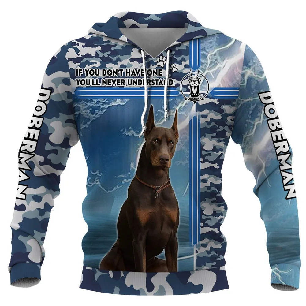 

HX Doberman Pocket Hoodie 3D Graphic Blue Camouflage Hoodies Fashion Man Pullover Tops Harajuku Streetwear Sportswear