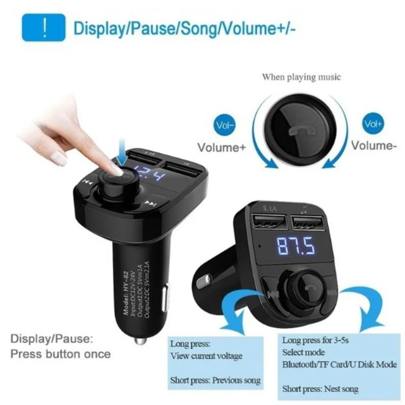 Bluetooth FM Transmitter Car Charger Dual USB Port Car Charger Adapter Universal Hand-Free Car MP3 Player Support TF Card U Disk