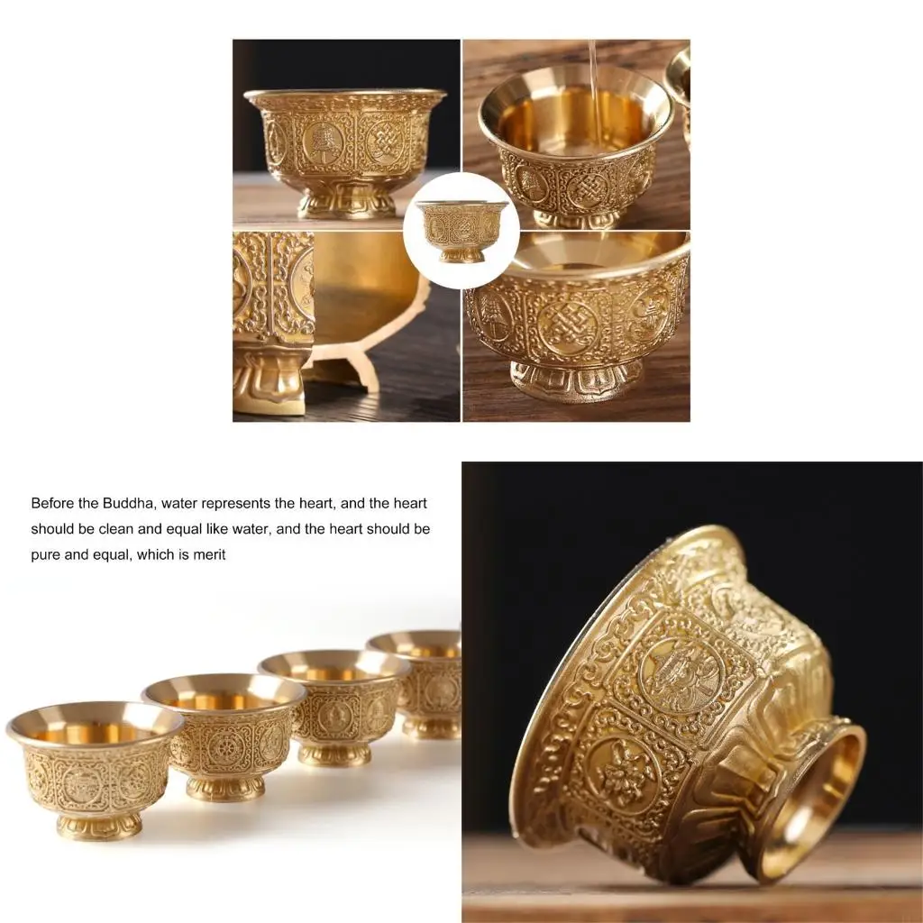 F19B Copper Buddhist Ritual Offering Cup Eight Auspicious Symbols Water Supply Bowl