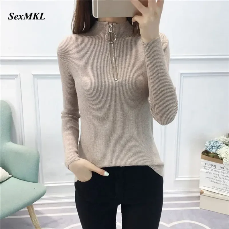 Zipper Turtleneck Sweater Women 2024 Casual Autumn Winter Female Knitted Sweaters and Pullovers Long Sleeve Basic Jumper Top