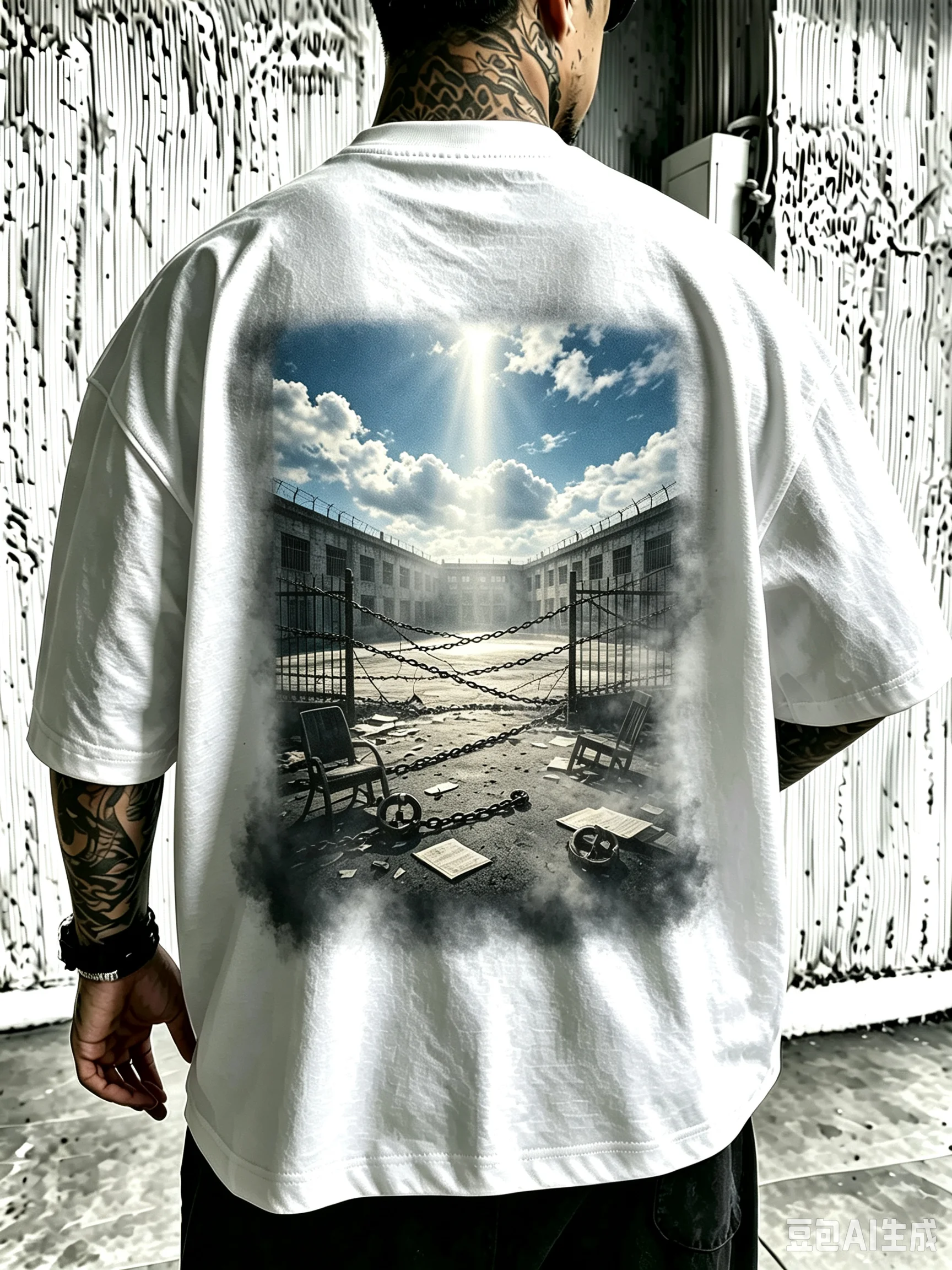 Men Women Unisex Oversized Cotton T-Shirt, Ruined Prison Yard Sun Beam Cloud Sky Back Print Tee, Captivity Hope Freedom Concept Dark Aesthetic Vintage Street Fashion Casual Short Sleeve