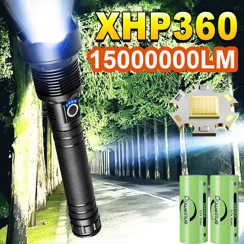 Most Powerful Flashlights XHP360 LED Lamp 15000000LM Super Bright Flashlight USB Rechargeable Lamp Tactical Lantern Waterproof